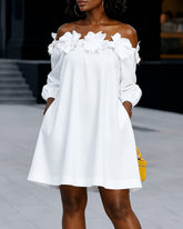 Half Sleeves Loose Pockets Solid Color Flower Off-The-Shoulder Mini Dresses