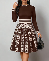 Elegant Striped Geometric Curve Patchwork Round Neck Long Sleeves Midi Dress