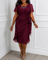 Spliced chiffon Short-Sleeve Fitted-Waist Solid Midi Dress