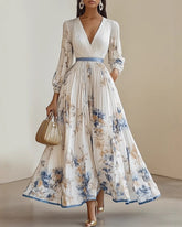 V-neck Lantern Sleeve High-waisted Pleated Dress