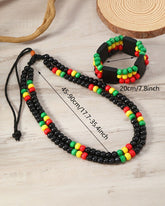 Set of 2 Bohemian Necklaces And Bracelets Featuring Vibrant, Multi-Colored Wooden Beads in Red, Yellow, And Green