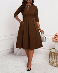 Elegant Solid Color Round Neck Long Sleeves Midi Dress
