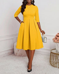 Elegant Solid Color Round Neck Long Sleeves Midi Dress