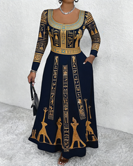 U-neck Egyptian Goddess Symbol Pocket Long Sleeves Maxi Dress