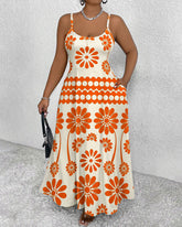 Sling Orange Bohemian Floral Polka Dots Pocket Maxi Dress