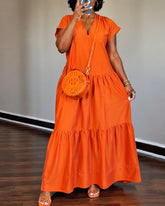 Solid Color V-neck Short-sleeved Dress with Ruffled Hem