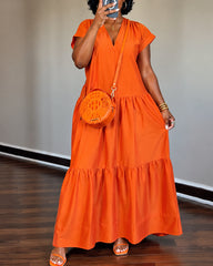 Solid Color V-neck Short-sleeved Dress with Ruffled Hem