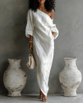 Ivory White Cotton-Linen Blend One-Shoulder Flowing Elegant Dress