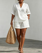 Linen V-neck Short-sleeved Top and Shorts Two-piece Set