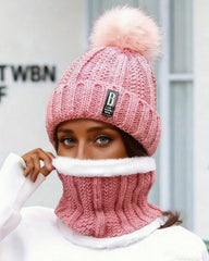 2pcs/Set Women Winter Beret Hat And Pom Pom Fleece Lined Neck Warmer Scarf Set