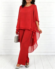 Solid Color Round Neck Chiffon Long Top and Straight Leg Pants Two-piece Set