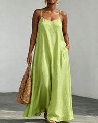 Solid Color Linen Cotton Cami Maxi Dress With Pockets