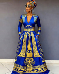 V-Neck Eye Of Horus Ancient Egyptian Totem Long-Sleeved Maxi Dress