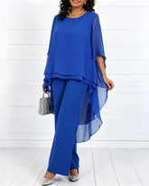 Solid Color Round Neck Chiffon Long Top and Straight Leg Pants Two-piece Set