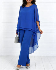 Solid Color Round Neck Chiffon Long Top and Straight Leg Pants Two-piece Set