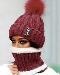 2pcs/Set Women Winter Beret Hat And Pom Pom Fleece Lined Neck Warmer Scarf Set