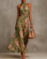 Chiffon Flowers Sleeveless High Waist Floral Print Maxi Dress