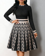Elegant Striped Geometric Curve Patchwork Round Neck Long Sleeves Midi Dress