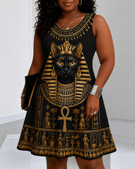 Egyptian Buster Cat Art Print Round Neck Sleeveless Mini Casual Dress