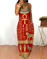 Sling Egyptian Golden Ankh Symbol Print Pocket Maxi Dress