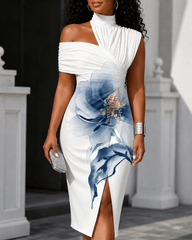 Elegant Ink-Style Flowers Print One-shoulder Draped Asymmetrical Midi Dress