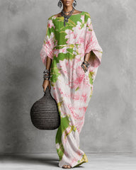 Elegant Pink Flowers Round Neck Casual Long Dress