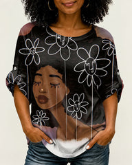 Floral Afro Cartoon Girls Print Shirt