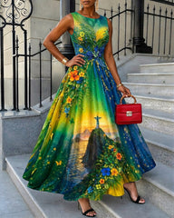 Flower Mountain Oil Painting Art Print Sleeveless Maxi Dress