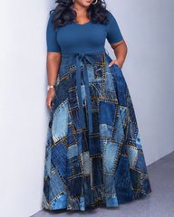 Fun Denim Patchwork Print V-Neck Tie-Strap Pocket Flared Maxi Dresses