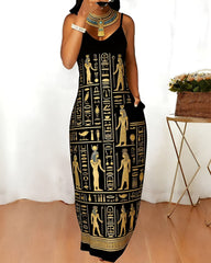 Sling Golden Egyptian Hieroglyphs Print Pocket Maxi Dress
