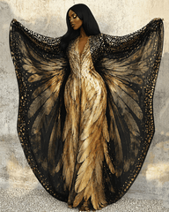 Golden Elegant Wings Print V-neck Long Kaftan Dress