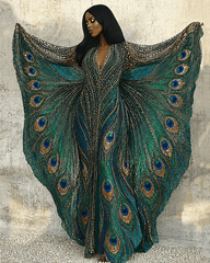 Green Peacock Wings Print V-neck Long Kaftan Dress