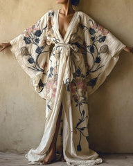 Hawaiian Pink Flowers Print Belted Cardigan Robe Dress