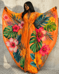 Hawaiian Flowers and Plants Print V-neck Long Kaftan Dress