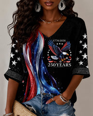 National Color Block Striped Flying Eagle V-neck Half Sleeved Loose Top