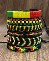 6-Piece Reggae-Inspired Colorful Leather & Cord Braided Adjustable Bangles Set