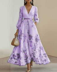 V-neck Lantern Sleeve High-waisted Pleated Dress