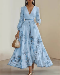 V-neck Lantern Sleeve High-waisted Pleated Dress