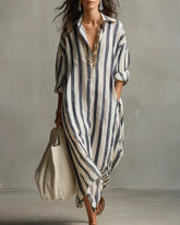 Loose V-neck Striped Summer 3/4 Sleeve Shirt Dress