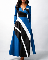 Color-blocked Striped Print Long Sleeve Maxi Dress