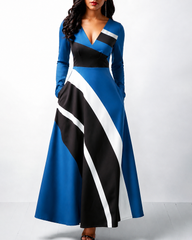 Color-blocked Striped Print Long Sleeve Maxi Dress
