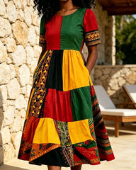 Reggae Color Blocking Print Pocket Casual Dress