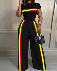 Reggae Stripe Print Print High Waist Wide-leg Women's Two-piece Set