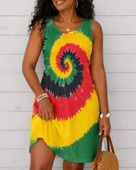 Reggae Tie-Dye Print Round Neck Sleeveless Mini Casual Dress