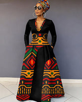 V-Neck Reggae Tribal Totem Pocket Long-Sleeved Maxi Dress