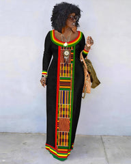 Reggae Stripe Patchwork African Print Print Crew Neck Long Sleeve Dress