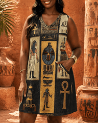 Retro Egyptian Cultural PrintsV-neck Mini Dress With Pocket