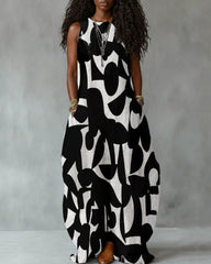Round Neck Geometric Print Sleeveless Maxi Dress