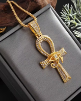 legant & Luxurious Golden-Tone Cubic Synthetic Zirconia Ankh Eye of Horus Pendant Necklace