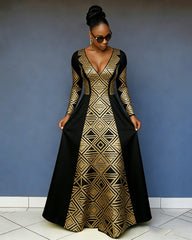 V-neck Gold Striped Pocket Maxi Dress